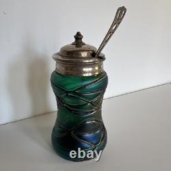 Antique Art Nouveau Threaded Green Glass Lidded Jar With Sterling Spoon