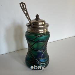 Antique Art Nouveau Threaded Green Glass Lidded Jar With Sterling Spoon