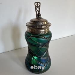 Antique Art Nouveau Threaded Green Glass Lidded Jar With Sterling Spoon