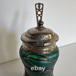 Antique Art Nouveau Threaded Green Glass Lidded Jar With Sterling Spoon