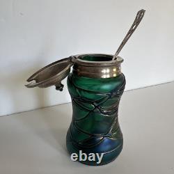 Antique Art Nouveau Threaded Green Glass Lidded Jar With Sterling Spoon