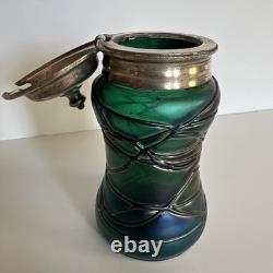 Antique Art Nouveau Threaded Green Glass Lidded Jar With Sterling Spoon