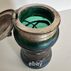 Antique Art Nouveau Threaded Green Glass Lidded Jar With Sterling Spoon