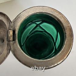 Antique Art Nouveau Threaded Green Glass Lidded Jar With Sterling Spoon