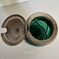 Antique Art Nouveau Threaded Green Glass Lidded Jar With Sterling Spoon
