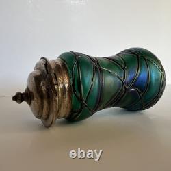 Antique Art Nouveau Threaded Green Glass Lidded Jar With Sterling Spoon