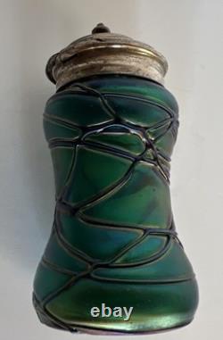 Antique Art Nouveau Threaded Green Glass Lidded Jar With Sterling Spoon