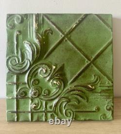 Antique Art Nouveau Tin Ceiling Tile 11x11 Green Pressed Metal Mounted