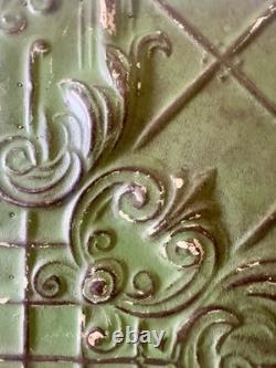 Antique Art Nouveau Tin Ceiling Tile 11x11 Green Pressed Metal Mounted