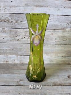 Antique Art Nouveau Vase Hand Painted Floral Enamel Iris Green Art Glass