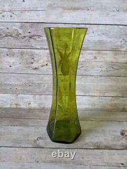 Antique Art Nouveau Vase Hand Painted Floral Enamel Iris Green Art Glass
