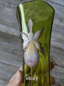 Antique Art Nouveau Vase Hand Painted Floral Enamel Iris Green Art Glass
