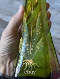 Antique Art Nouveau Vase Hand Painted Floral Enamel Iris Green Art Glass