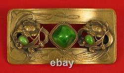 Antique Art Nouveau Victorian Green Stone Floral Gilt Lovely Brooch Pin Nice