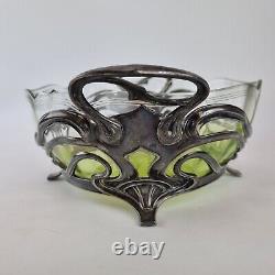 Antique Art Nouveau WMF Electro Plated Bowl With Green Glass Liner 28cm Wide