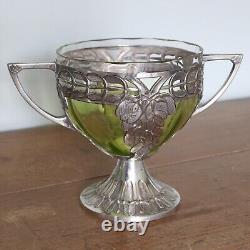 Antique Art Nouveau WMF Pedestal Bowl, Original Lime Green Glass Liner, c. 1900