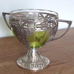 Antique Art Nouveau WMF Pedestal Bowl, Original Lime Green Glass Liner, c. 1900