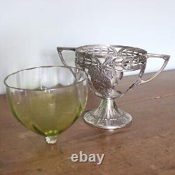 Antique Art Nouveau WMF Pedestal Bowl, Original Lime Green Glass Liner, c. 1900