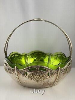 Antique Art Nouveau WMF Twin Handled Silver Plated Centrepiece Green Glass Liner