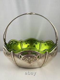 Antique Art Nouveau WMF Twin Handled Silver Plated Centrepiece Green Glass Liner