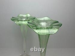 Antique Art Nouveau bohemian Green glass Iily Vases