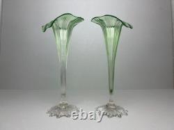 Antique Art Nouveau bohemian Green glass Iily Vases
