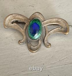 Antique Art Nouveau brooch Peacock Eye Glass with ormolu mount