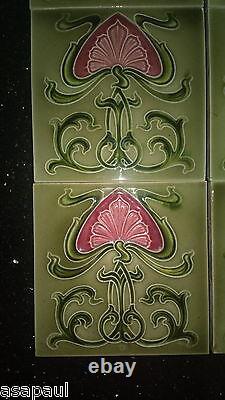 Antique Art Nouveau fireplace tiles (x10) green with pink flower design