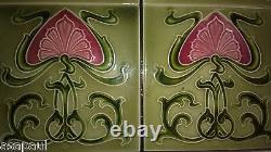 Antique Art Nouveau fireplace tiles (x10) green with pink flower design