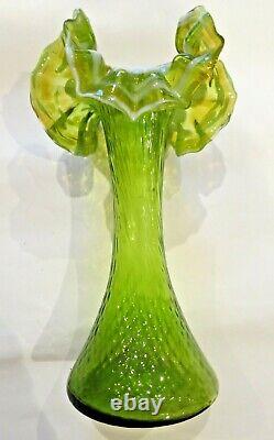 Antique Art Nouveau fluted edge green glass vase