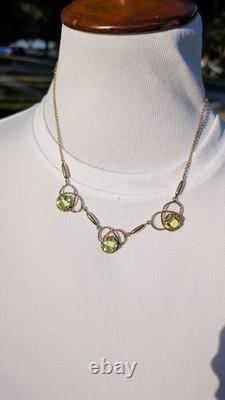 Antique Art Nouveau gold filled green uranium glass faceted stone necklace