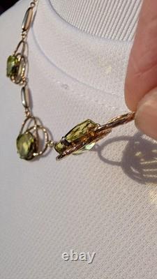Antique Art Nouveau gold filled green uranium glass faceted stone necklace