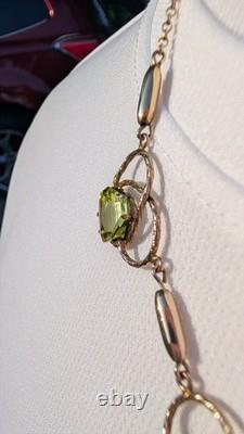 Antique Art Nouveau gold filled green uranium glass faceted stone necklace