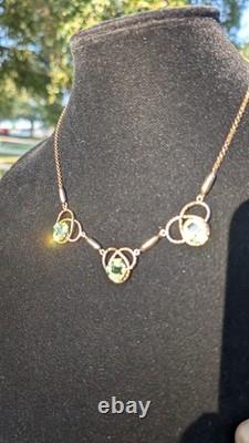 Antique Art Nouveau gold filled green uranium glass faceted stone necklace