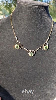Antique Art Nouveau gold filled green uranium glass faceted stone necklace