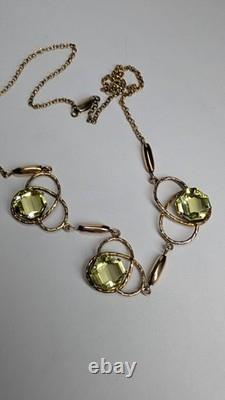 Antique Art Nouveau gold filled green uranium glass faceted stone necklace
