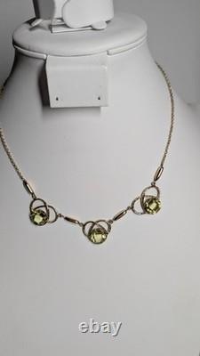 Antique Art Nouveau gold filled green uranium glass faceted stone necklace