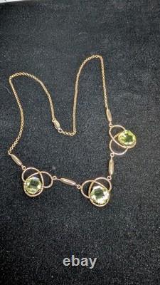 Antique Art Nouveau gold filled green uranium glass faceted stone necklace