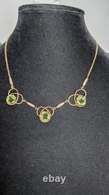 Antique Art Nouveau gold filled green uranium glass faceted stone necklace