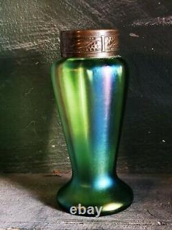 Antique Art Nouveau green Loetz art glass vase with copper metal top c. 1910