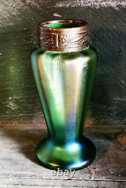 Antique Art Nouveau green Loetz art glass vase with copper metal top c. 1910