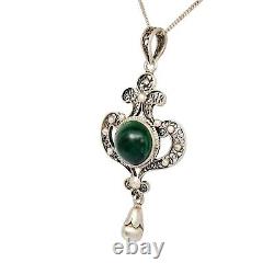 Antique Art Nouveau silver filigree lavaliere malachite pendant necklace