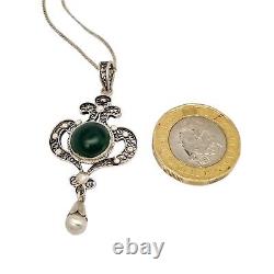 Antique Art Nouveau silver filigree lavaliere malachite pendant necklace