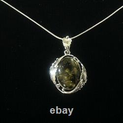 Antique Art Nouveau style Sterling Silver Chunky Green Amber Pendant Necklace