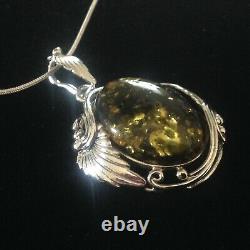 Antique Art Nouveau style Sterling Silver Chunky Green Amber Pendant Necklace