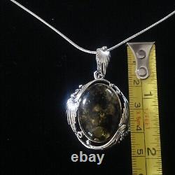 Antique Art Nouveau style Sterling Silver Chunky Green Amber Pendant Necklace