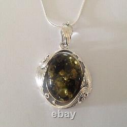 Antique Art Nouveau style Sterling Silver Chunky Green Amber Pendant Necklace