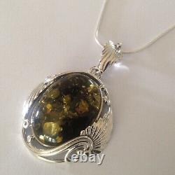 Antique Art Nouveau style Sterling Silver Chunky Green Amber Pendant Necklace