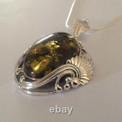 Antique Art Nouveau style Sterling Silver Chunky Green Amber Pendant Necklace