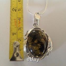 Antique Art Nouveau style Sterling Silver Chunky Green Amber Pendant Necklace